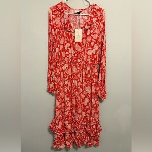 Universal Thread Red Long Sleeve Floral Shift Midi Dress Ruffle Balloon Dress(M)